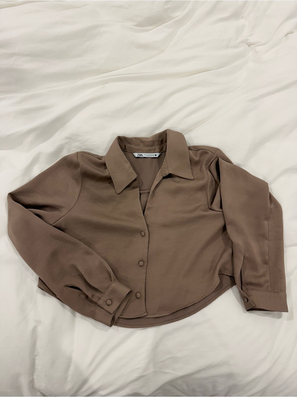 Zara Taupe Cropped Button-Down Shirt